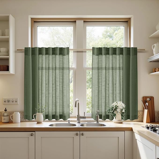 Nanspring Olive Green Linen Curtains 30 Inch Length Short Kitchen, Semi Sheer - Image 7