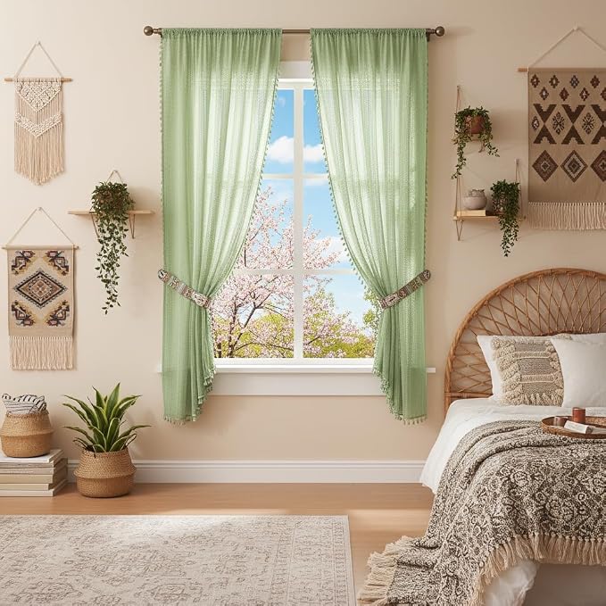 WAZZIO Boho Lace Curtains 63 Inches 2 Panel, Light Filtering Privacy Tassel & - Image 2