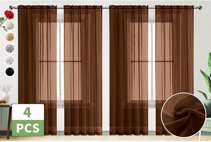 SpaceDresser Brown Sheer Curtains 4 Panels Rod Pocket Semi-Sheer Curtain 45 - Image 2