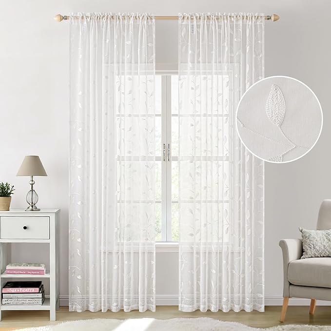 MIULEE White Sheer Curtains 2 Panels Embroidered Leaf Patterned Rod Pocket - Image 2