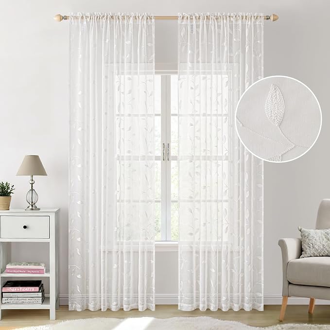 MIULEE White Sheer Curtains 2 Panels Embroidered Leaf Patterned Rod Pocket - Image 2