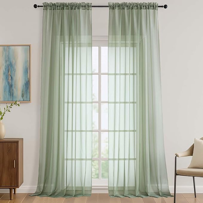 OVZME Sheer Sage Green Curtains 108 Inches Long 2 Panels Set, 59 Inch Extra by OVZME