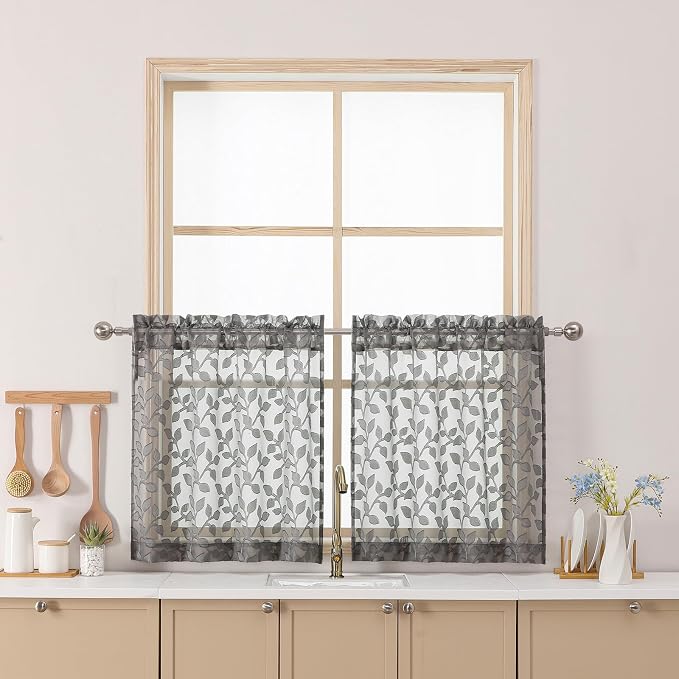 Chyhomenyc Charcoal Grey Sheer Curtains 24 Inch Length, Light Filtering Leaf by Chyhomenyc