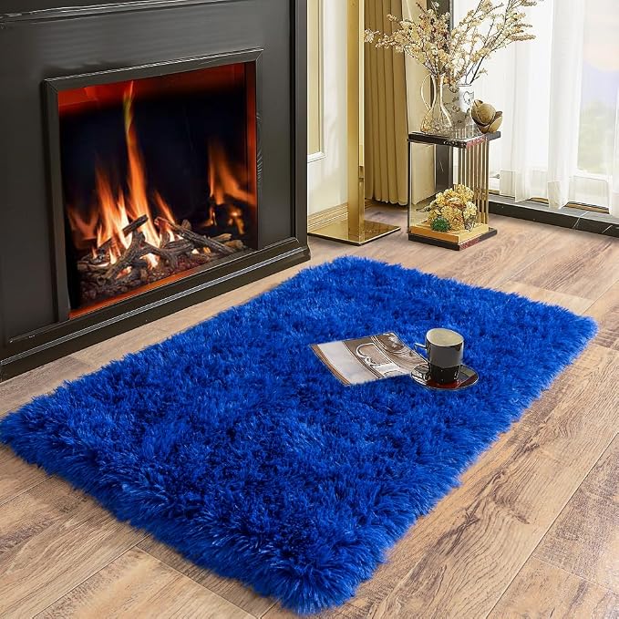 Soft Runner Rugs for Bedroom Hallways, 2x3 Royal Blue Fluffy Shag Throw Area - Image 3