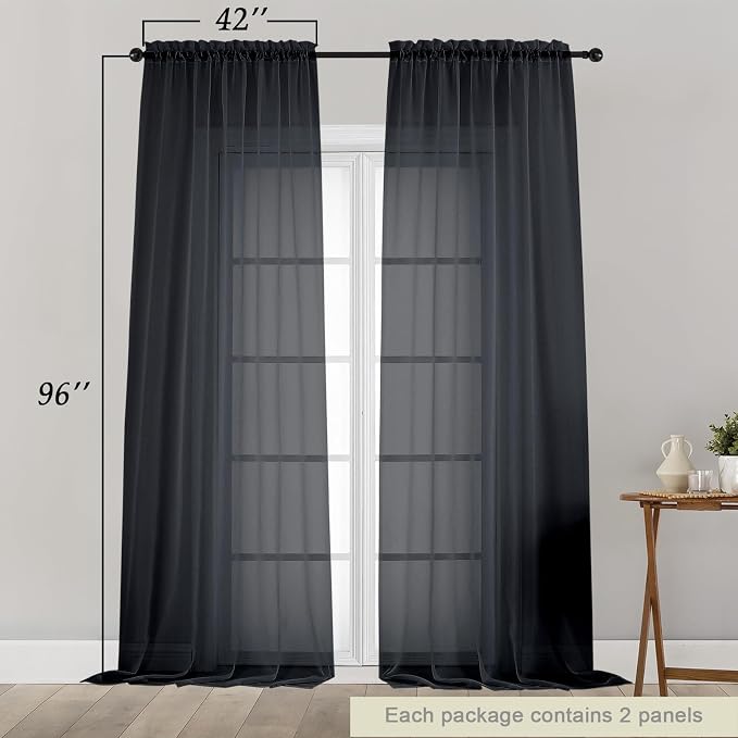 Black Sheer Curtains for Bedroom Living Room 96 Inches Long 2 Panels, Modern - Image 2