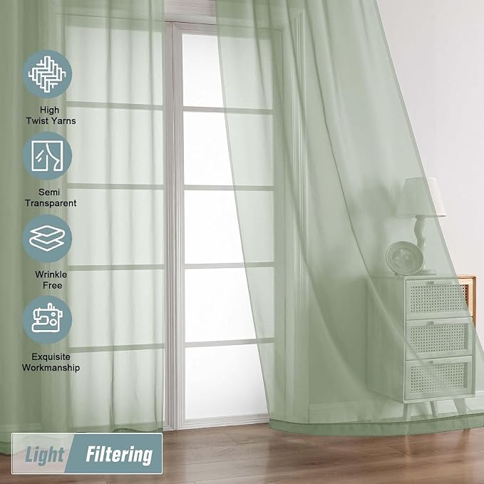 Sage Green Sheer Curtains for Window 96 Inches Long 2 Panels, Soft Airy Light - Image 5