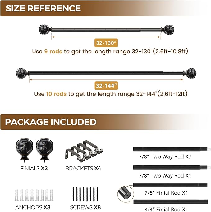 KAMANINA Black Curtain Rod for Windows 72 to 144 Inches Long Heavy Duty Curtain - Image 8