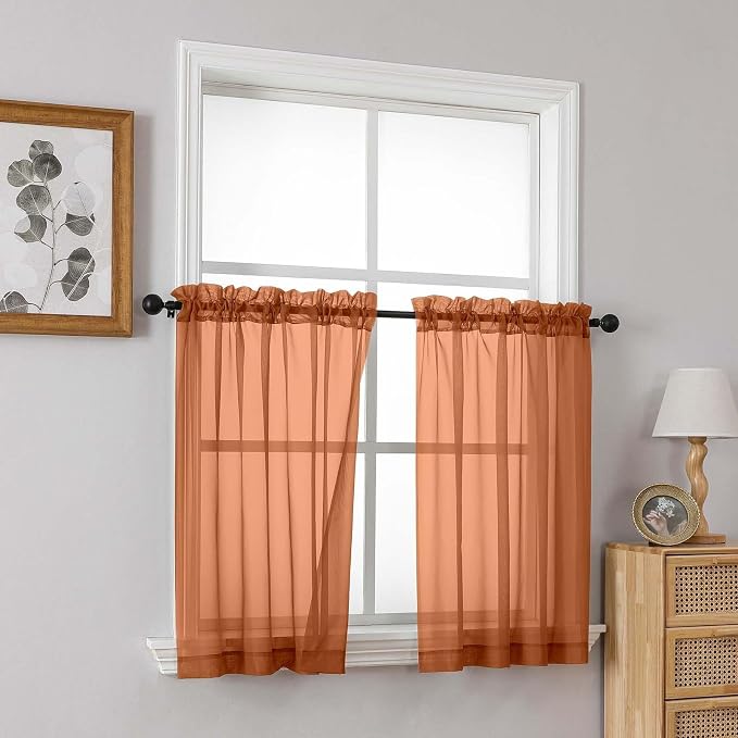 Orange Small Sheer Curtains 2 Panels Set, Kitchen Curtains 36 Inch Length - Image 8