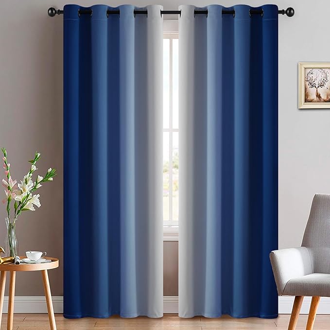 Yakamok Greyish White and Royal Blue Ombre Curtains, Light Blocking Curtains by Yakamok