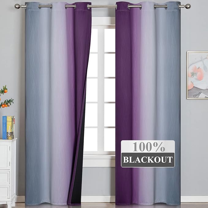 Purple and Grey Blackout Curtains 84 Inches Long, Ombre and Wavy Line Pattern - Image 2