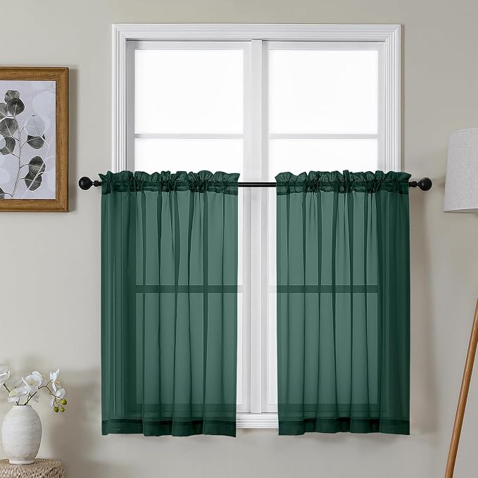 Gwine Hunter Green Sheer Kitchen Curtains 36 Inch Length, Light Filtering Voile by Gwine