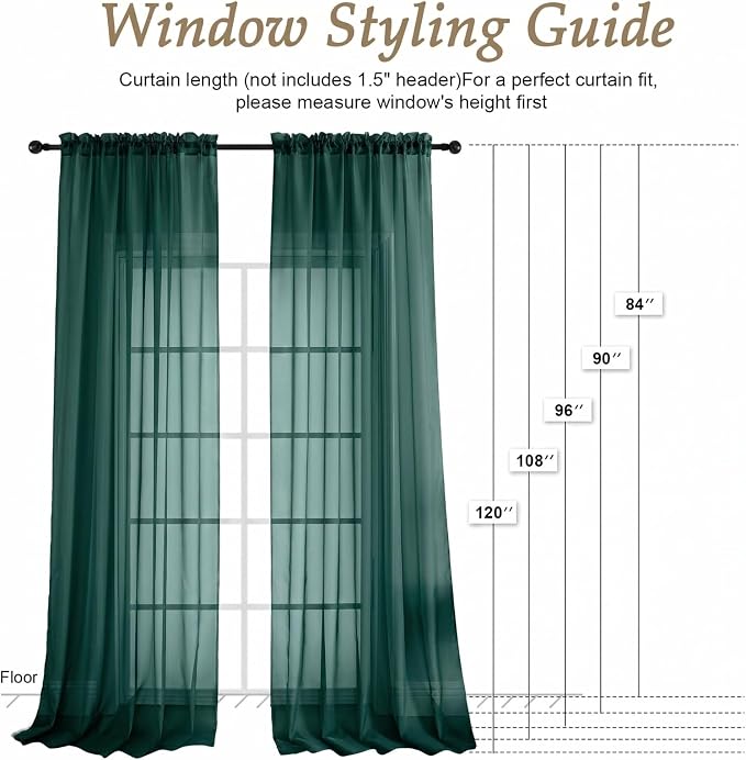 Hunter Green Sheer Curtains 72 Inches Long 2 Panels Set, Light Filtering Sheer - Image 2