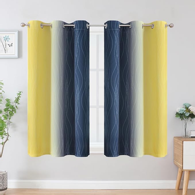 Estelar Textiler Navy Blue and Yellow Ombre Blackout Curtains 54 Inch Length 2 - Image 2