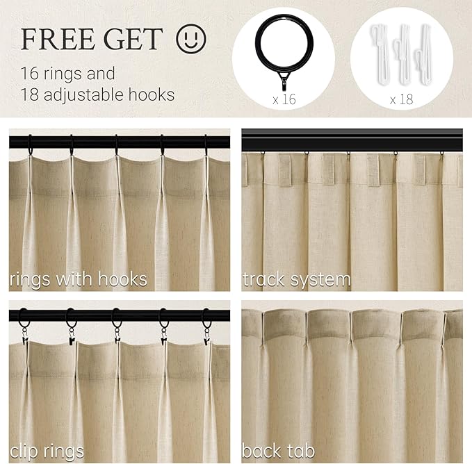 132 Inch Pinch Pleated Linen Curtains 2 Panels, Natural Beige Semi Sheer - Image 2