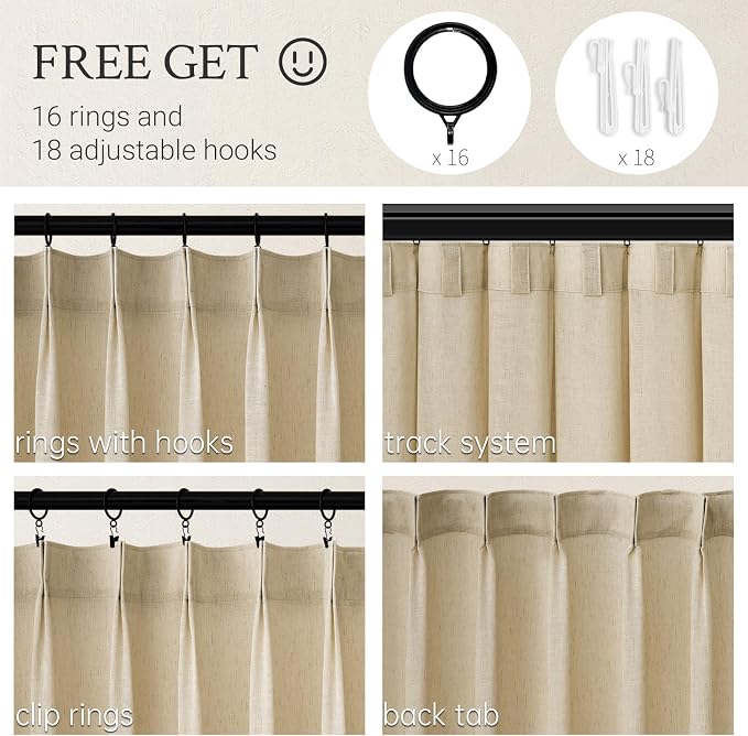 Topfinel 96 Inches Long Pinch Pleated Semi Sheer Curtains, Natural Linen - Image 2