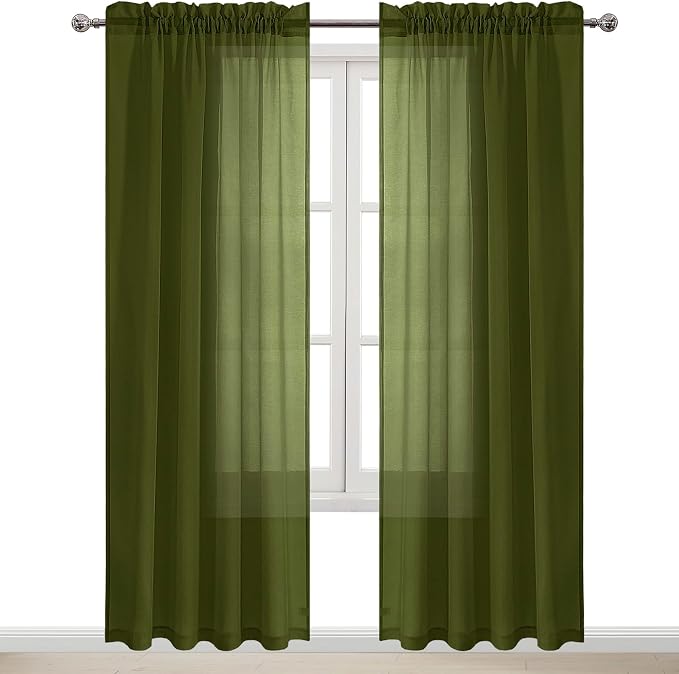 DWCN Olive Green Sheer Curtains Semi Transparent Voile Rod Pocket Curtains - Image 9