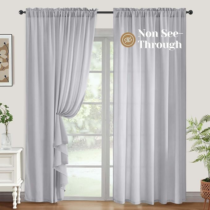 HOMEIDEAS Non-See-Through Light Grey Privacy Sheer Curtains, 52 X 72 Inches - Image 2