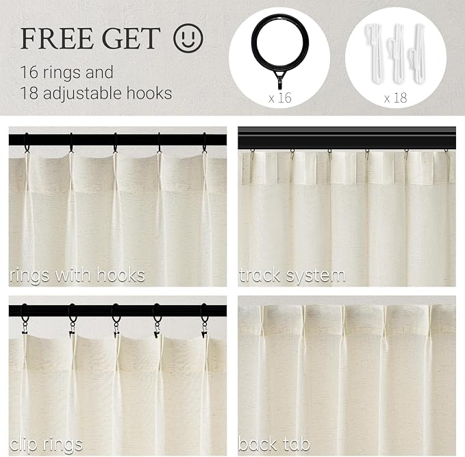 Topfinel Pinch Pleated Curtains 90 Inches Long 1 Panels Set, Natural Cream Semi - Image 2