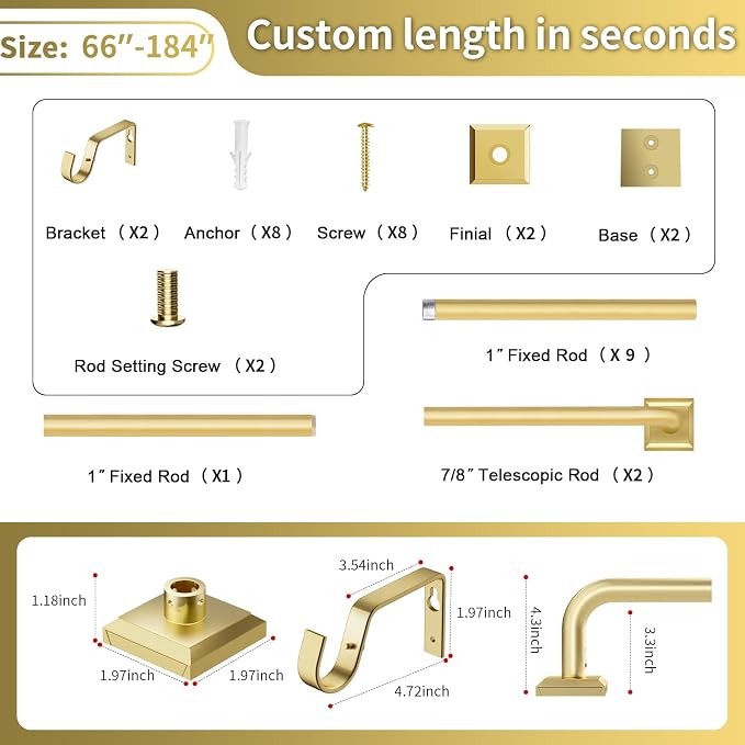 Gold Curtain Rods for Windows 66-184 Inch Heavy Duty Wrap Around Blackout - Image 8