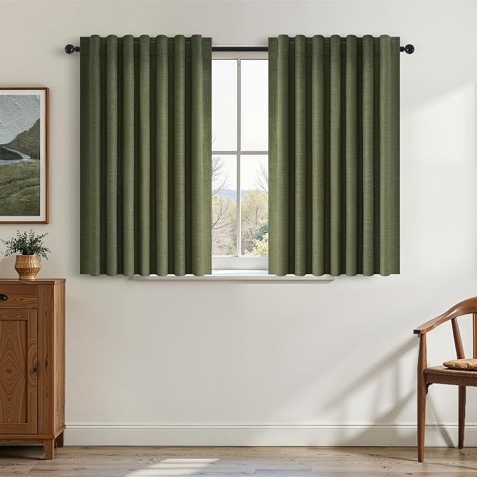 45 Inch Curtain Tier Kitchen Curtains Sets 2 Panels Olive Green Linen Blackout by Topfinel