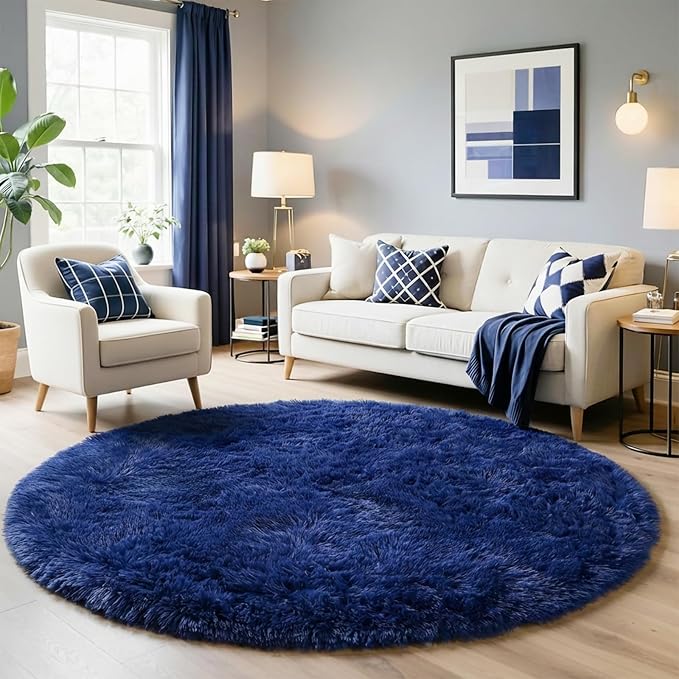 Navy Blue Round Rug 7Ft for Living Room Bedroom, Large Fluffy Fuzzy Circle Area by Amdrebio