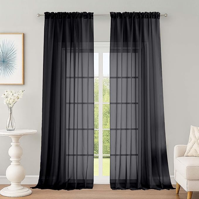 OWENIE Black Sheer Curtains, Sheer Curtains 96 inches Long 2 Panels Set by OWENIE