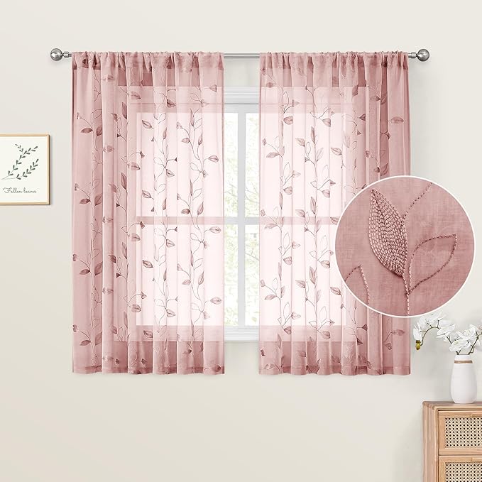 HOMEIDEAS Blush Pink Sheer Kitchen Curtains 52 x 54 Inch Length 2 Panels by HOMEIDEAS