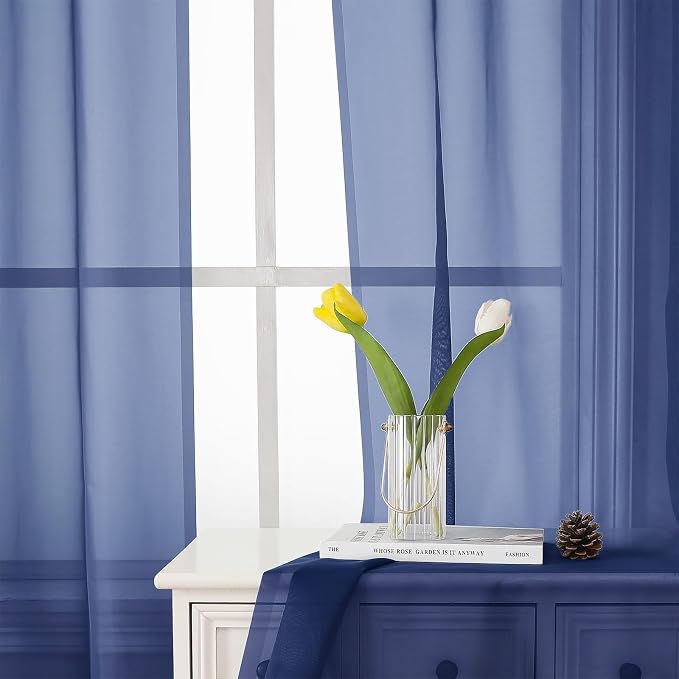 Lecloud Royal Blue Sheer Curtains 45 Inch Length 2 Panels, Voile Rod Pocket - Image 9