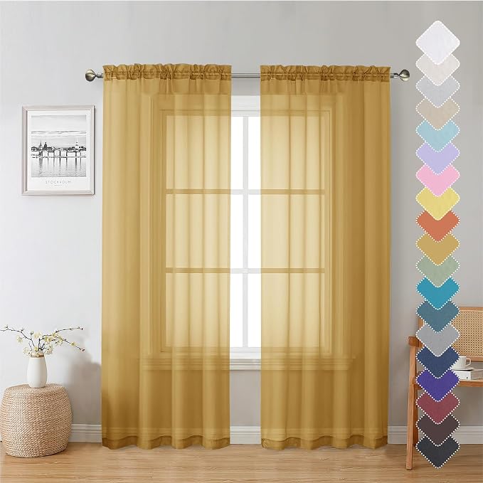 Lecloud Gold Sheer Curtains 72 Inch Length 2 Panels, Light Filtering Voile by Lecloud