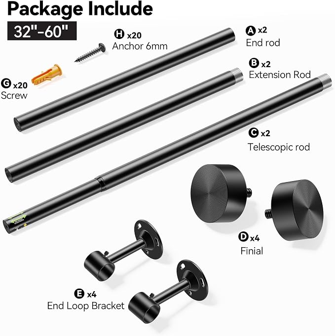 YaFex 2 Pack Heavy Duty Curtain Rods 32-60 Inch, 1 Inch Black Adjustable - Image 7
