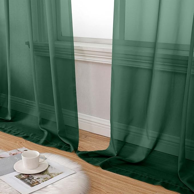 Sheer Hunter Green Curtains for Bedroom Living Room 90 Inches Long 2 Panels Set - Image 8