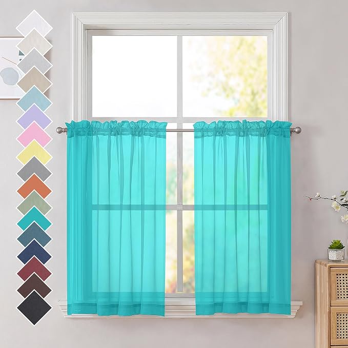 OVZME Turquoise Sheer Curtains 36 inches Long, Short Kitchen Window Treatment by OVZME