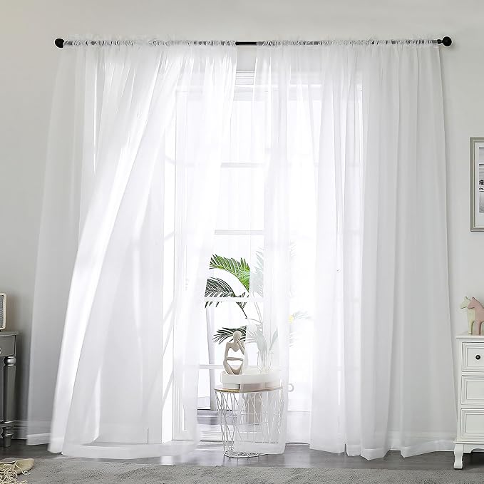 OWENIE White Sheer Curtain 90 Inches Long 2 Panels Set, Solid Filmy Drapes by OWENIE