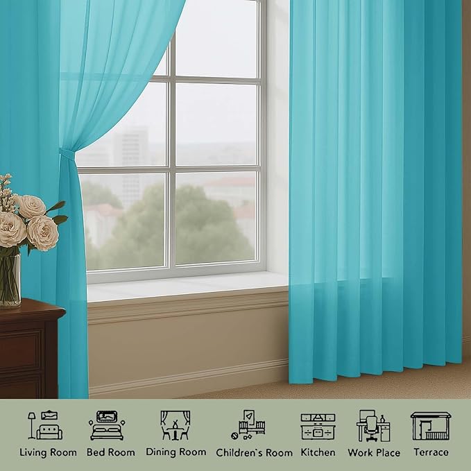 OWENIE Turquoise Sheer Curtain 90 Inches Long 2 Panels Set, Solid Filmy Drapes - Image 3