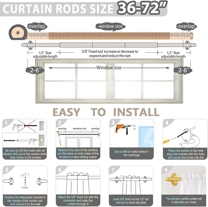TVWOO Gold Wrap Around Curtain Rods:5/8" Small Blackout Adjustable Window - Image 7