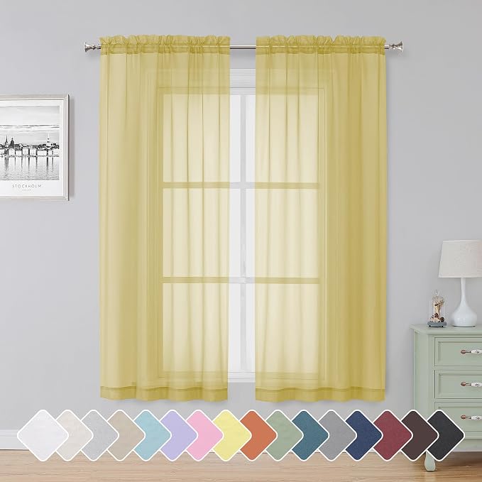 Simplebrand Yellow Sheer Curtains 63 Inch Length 2 Panels, Rod Pocket Solid by Simplebrand