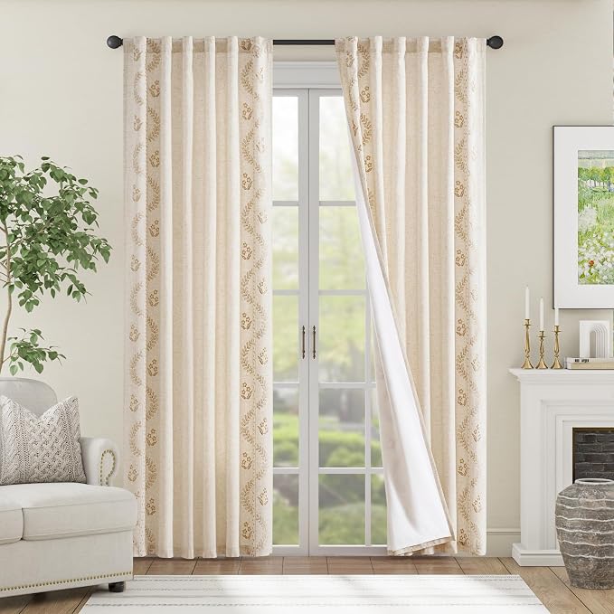 jinchan Belrose Lined Linen Blend Curtains Boho Floral Curtains - Image 3