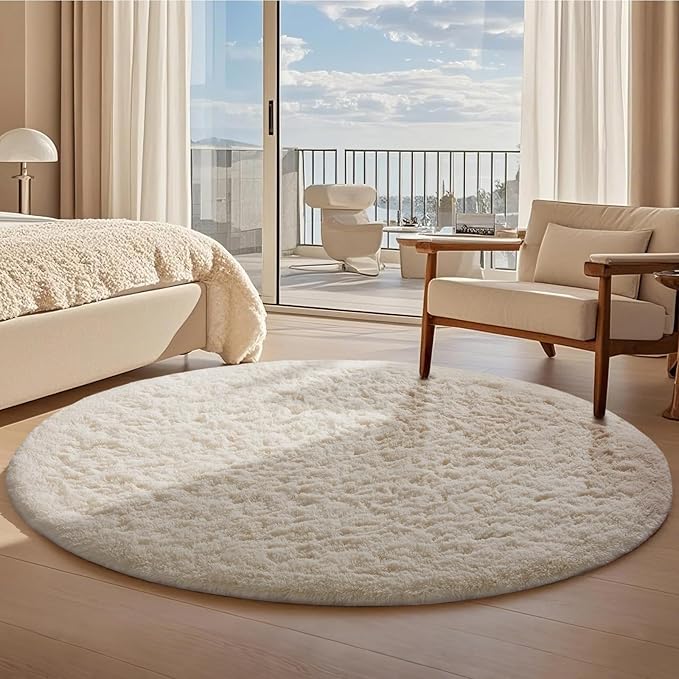 Ophanie Round Rugs 8Ft Ivory Circle Area Rug, Aesthetic Room Decor, Fluffy - Image 3
