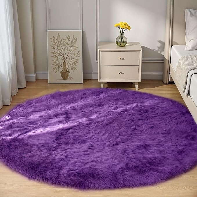Goolela Purple Circle Rug 5ft Fluffy Round Fuzzy Furry Faux Fur Sheepskin Carpet by Goolela
