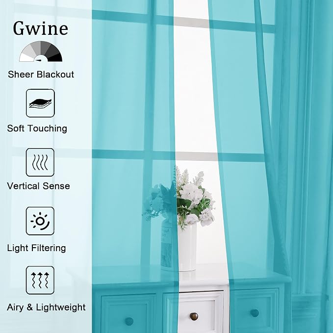 Gwine Turquoise Sheer Curtains 72 Inches Long 2 Panels Set - Image 2