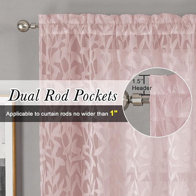 Lecloud Leia Blush Pink Sheer Curtains 96 Inches Long 2 Panels, Airy Leaf - Image 4