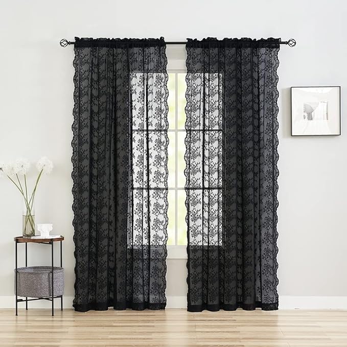 YJ YANJUN Vintage Lace Curtains 108 Inches Long- Victorian Floral Pattern Black by YJYANJUN