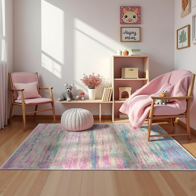 KOZYFLY Modern Abstract Pink 3x5 Area Rug Washable Girls Kids Bedroom Rug Throw by KOZYFLY