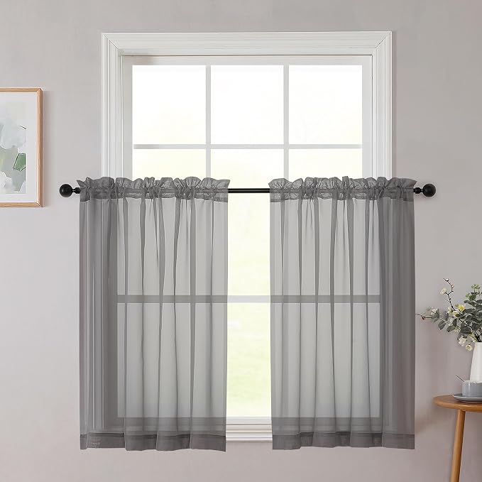Cafe Curtains 36 Inch Length Tier 2 Pieces, Modern Soft Airy Sheer Kitchen by WelvetBLK