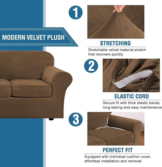 H.VERSAILTEX Real Velvet Plush 3 Piece Stretch Sofa Covers Couch Covers - Image 3