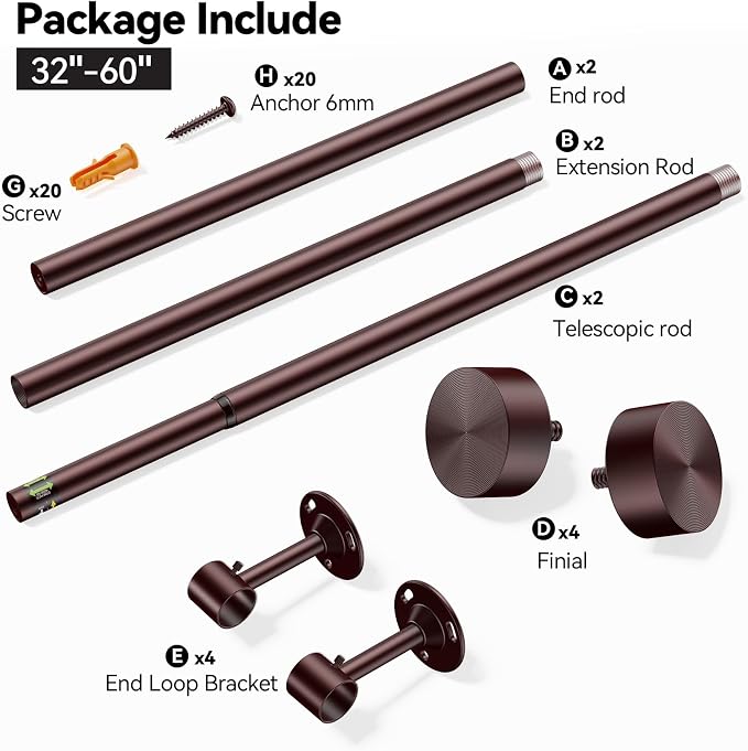 YaFex 2 Pack Heavy Duty Curtain Rods 32-60 Inch, 1 Inch Adjustable Curtain Rod - Image 9