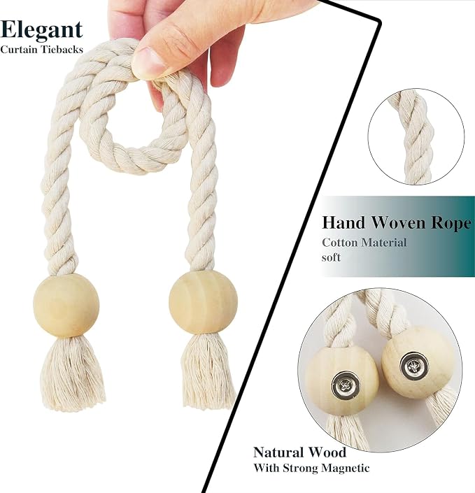 6 Pack Magnetic Curtain Tiebacks Cotton Hand Woven Tie Back Decorative Rope - Image 2