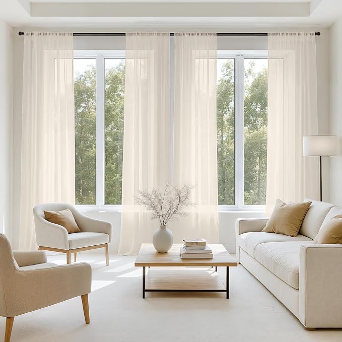 MIULEE Light Beige Sheer Curtains 90 Inches Long 4 Panels 42 x 90 Inches | by MIULEE