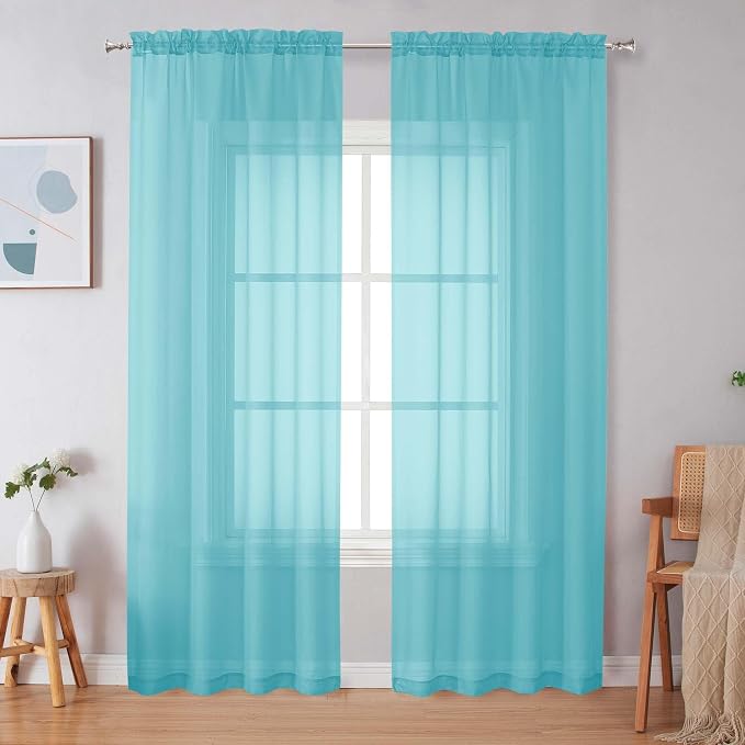 Simplebrand Aqua Sheer Curtains 84 Inches Long, Light Filtering Rod Pocket by Simplebrand