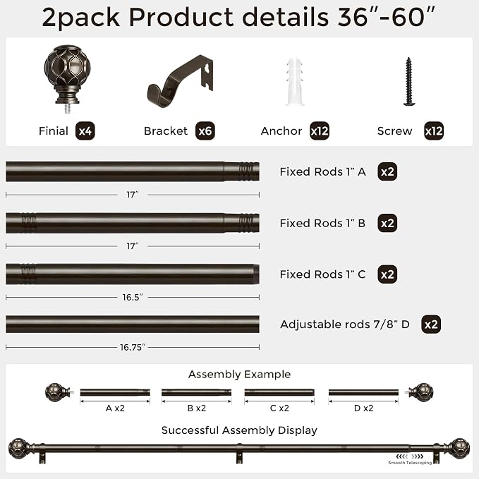 2 Pack Bronze Curtain Rod, Heavy Duty 1 Inch Decorative Curtain Rods - Image 5